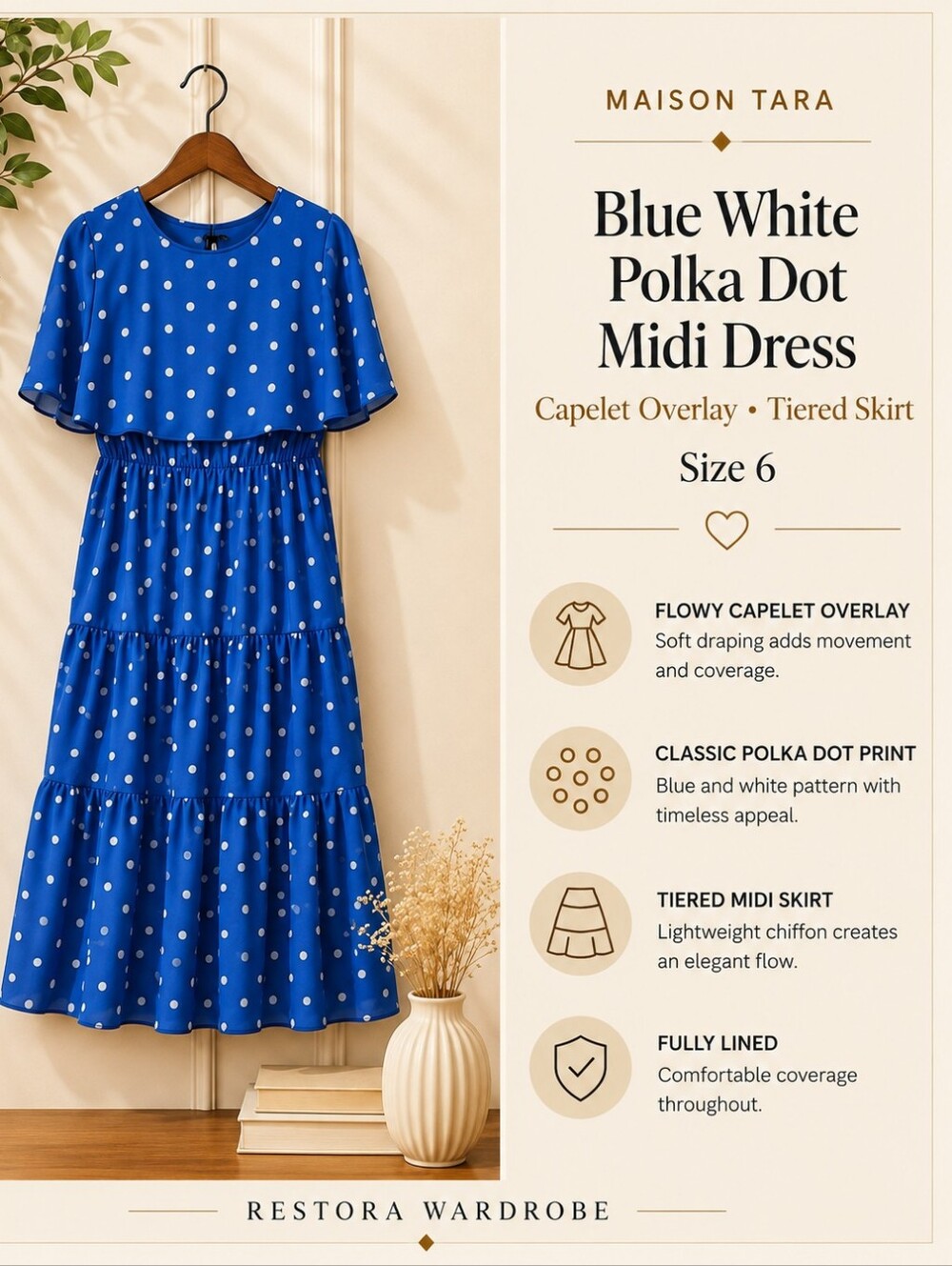Maison Tara Blue White Polka Dot Capelet Midi Dress Retro Tiered Size 6